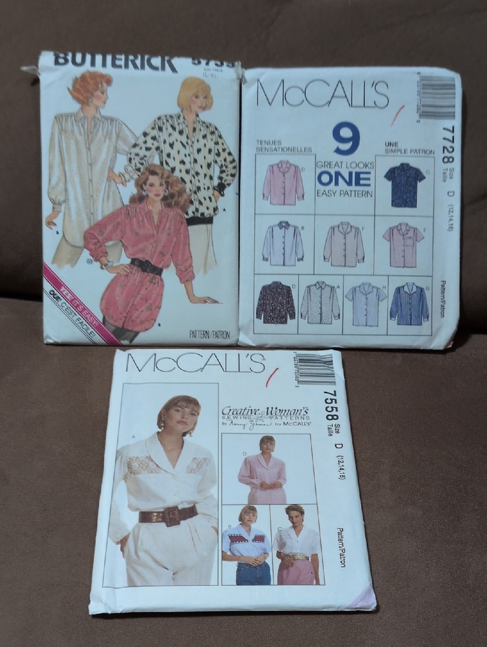 Vintage Women's Uncut/Unfolded Blouse Sewing Patterns Lot of 3 Size 12-16 L-XL